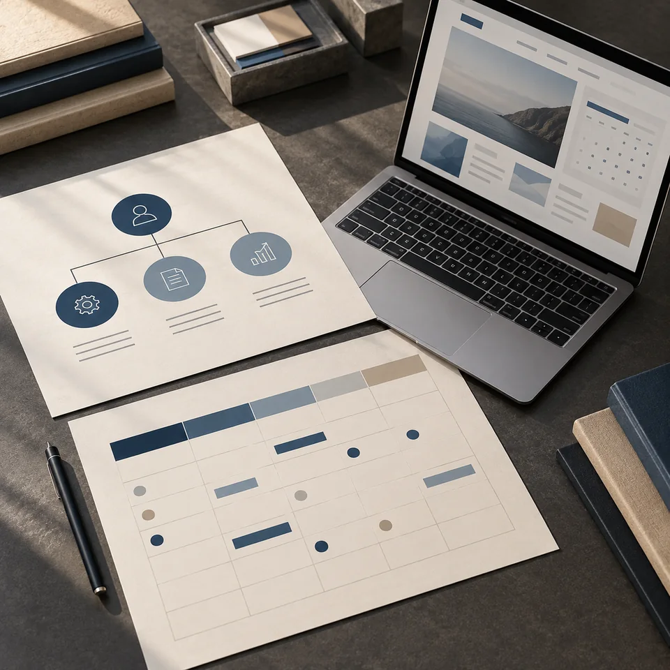 Scena illustrativa con computer, schema dei processi e piano delle attività.